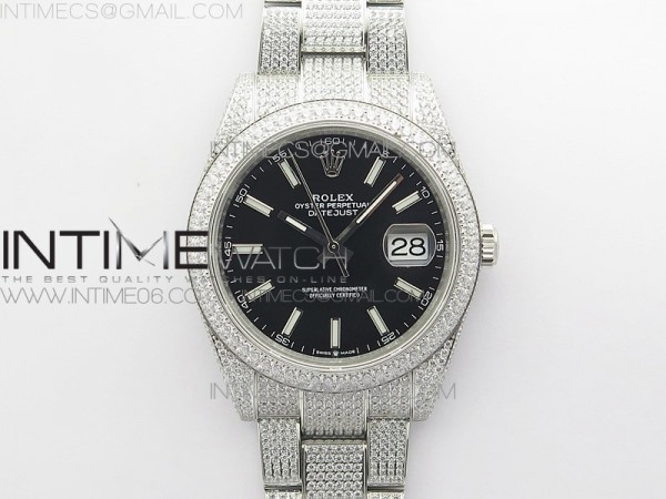 BP공장 롤렉스 데이저스트 41 다이아몬드풀파베 블랙다이얼 브레이슬릿 DateJust 41 126334 904 Full Paved Diamonds BP Best Edition Black Dial Sticks Markers on Oyster Bracelet A2824