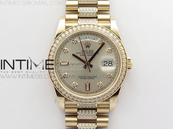 BP공장 롤렉스 데이데이트 36미리 로골 실버다이얼 2836 Day-Date 36 128235 RG/Crystal BP Best Edition Silver Crystal Marker Dial on RG President Bracelet A2836