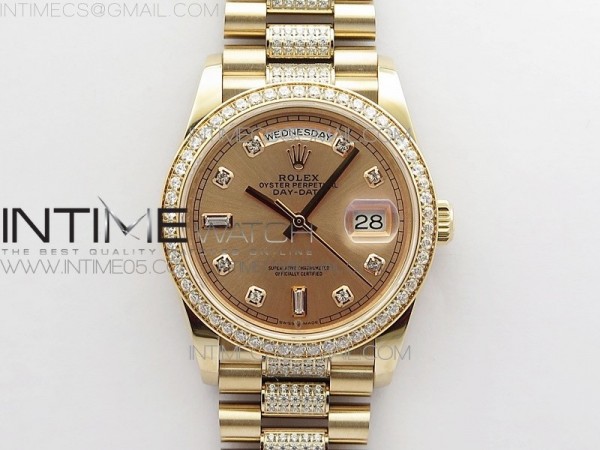 BP공장 롤렉스 데이데이트 36미리 로골 로골다이얼 2836 Day-Date 36 128235 RG/Crystal BP Best Edition RG Crystal Marker Dial on RG President Bracelet A2836