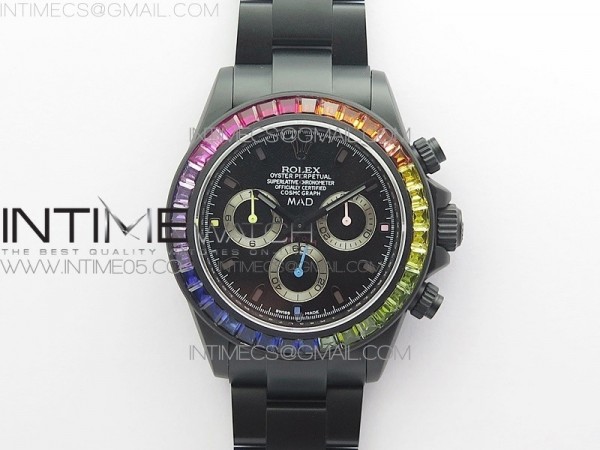 VR공장 레인보우 PVD 블랙다이얼 Daytona Blaken Rainbow Crystal Bezel PVD VR Best Edition Black Dial on PVD Bracelet A7750 V2