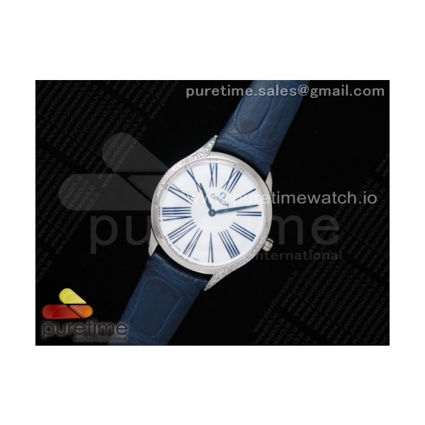 오메가 드빌 트레소르 퀴츠 화이트다이얼 블루마커 가죽스트랩 De Ville Tresor Quartz 36mm Ladies SS White Dial Blue Markers on Blue Leather Strap Ronda Quartz