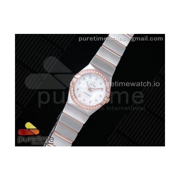 K11공장 오메가 컨스텔레이션 27MM 로골 자개다이얼 브레이슬릿 Constellation Ladies 27mm SS/RG Diamonds Bezel White MOP Textured Dial Diamonds Markers on SS/RG Bracelet ETA Quartz