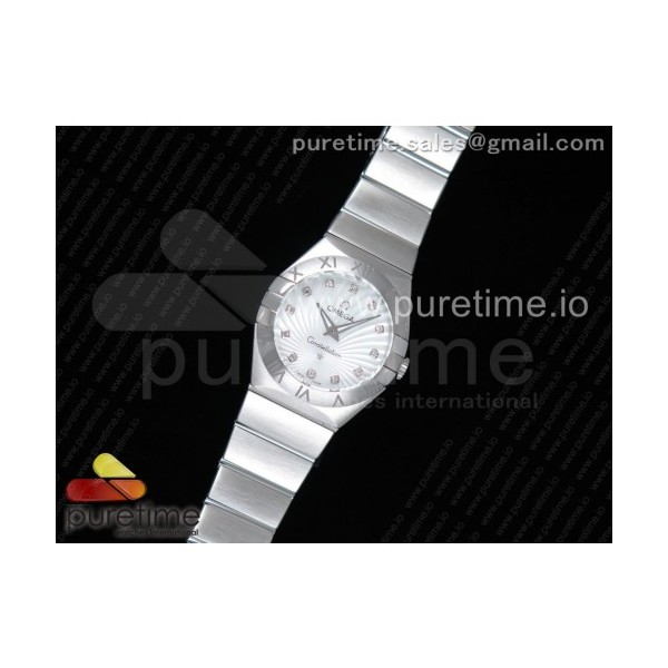 SSS공장 오메가 컨스텔레이션 여성용 스틸 화이트텍스쳐다이얼 Constellation Ladies 27mm SS White Textured Dial Diamonds Markers on SS Bracelet ETA Quartz