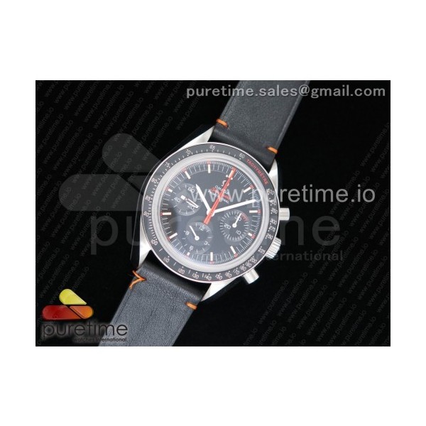 OM공장 오메가 스피디 튜즈데이 울트라맨 스틸 블랙다이얼 가죽스트랩 Speedmaster Speedy Tuesday 2 ‘Ultraman’ Leather Strap Manual Winding Chrono Movement