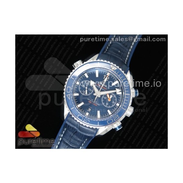 OM공장 V2 오메가 씨마스터 크로노그래프 스틸 블루다이얼 가죽스트랩 Planet Ocean Master Chronometer SS Blue LiquidMetal on Blue Leather Strap A9900 (Black Balance Wheel) V2