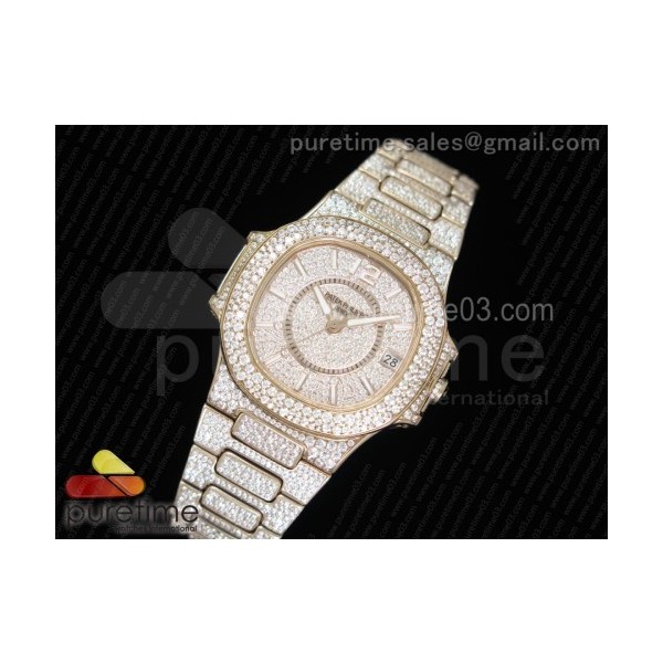 파텍필립 노틸러스 레이디 7021 로즈골드 풀다이아몬드 Nautilus Jumbo Ladies 7021 RG Full Paved Diamonds on Diamonds Plated RG Bracelet MIYOTA 9015