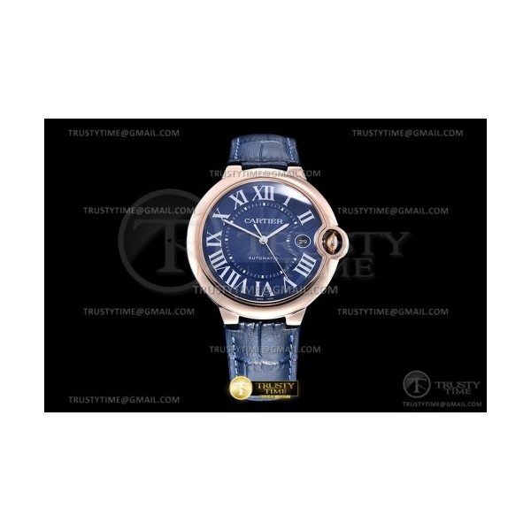 V6공장 까르띠에 발롱블루 42 로즈골드금통 블루다이얼 가죽스트랩 2824 Balon Bleu Mens 42mm Dia RG/LE Blue V6F Asia 2824 Mod