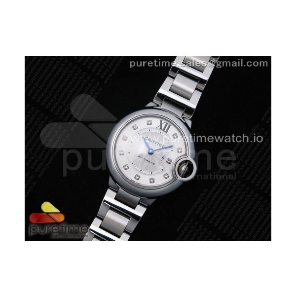 V6공장 까르띠에 발롱블루 33 화이트기요쉐다이얼 브레이슬릿 Ballon Bleu 33mm SS White Textured Dial Diamonds Markers on SS Bracelet Ronda Quartz