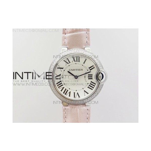 V6공장 까르띠에 발롱블루 36mm 스틸 다이아몬드베젤 화이트다이얼 핑크가죽스트랩 BALLON BLEU 36MM SS WHITE DIAL DIAMOND ON PINK LEATHER STRAP QUARTZ