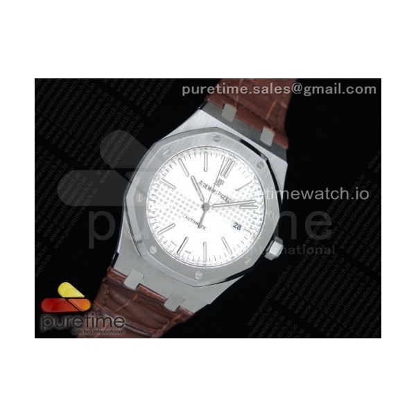 OM공장 오데마피게 로얄오크 15400 화이트다이얼 가죽스트랩 Royal Oak 41mm 15400 SS White Textured Dial on Brown Leather Strap A3120