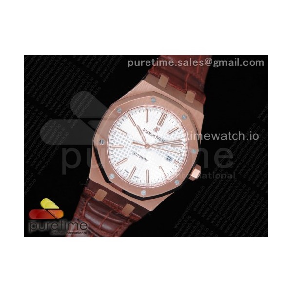 OM공장 오데마피게 로얄오크 15400 로즈골드 금통 화이트다이얼 가죽스트랩 Royal Oak 41mm 15400 RG White Textured Dial on Brown Leather Strap A3120