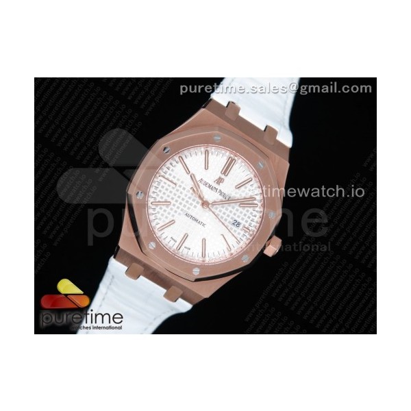 OM공장 오데마피게 로얄오크 15400 로즈골드 금통 화이트다이얼 가죽스트랩 Royal Oak 41mm 15400 RG White Textured Dial on White Leather Strap A3120