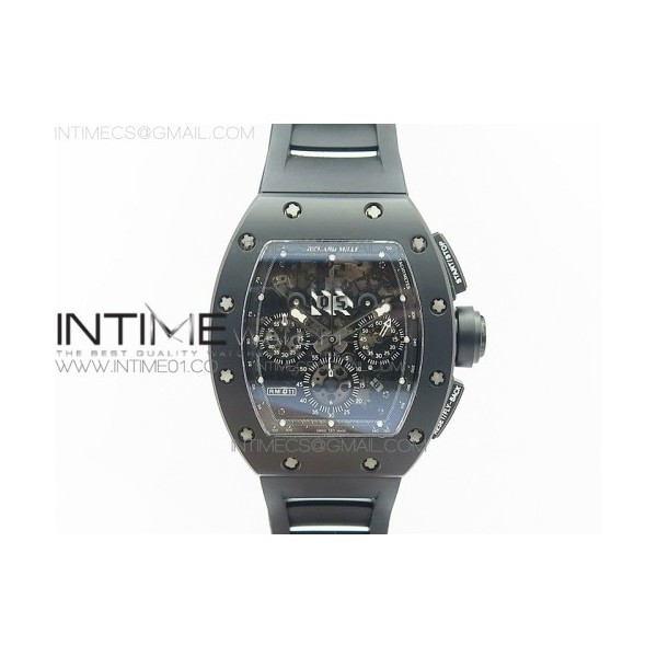 KV공장 리차드밀 RM011 풀세라믹 스켈레톤 크로노그래프 RM011 CERAMIC CHRONOGRAPH CRYSTAL SKELETON DIAL BLACK ON BLACK RUBBER STRAP A7750