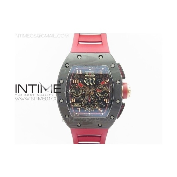 KV공장 리차드밀 RM011 카본 크로노그래프 레드포인트 러버스트랩 RM011 CARBON CASE CHRONOGRAPH CARBON BEZEL SKELETON DIAL ON RED RUBBER STRAP A7750