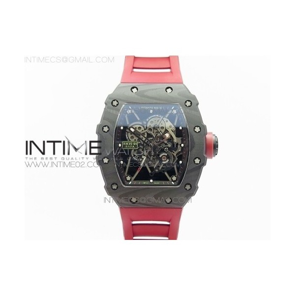 KV 리차드밀 RM035-01 카본케이스 스켈레톤다이얼 레드러버스트랩 RM035-01 FORGED CARBON CASE V2 SKELETON DIAL RED CROWN ON RED RUBBER STRAP MIYOTA8215