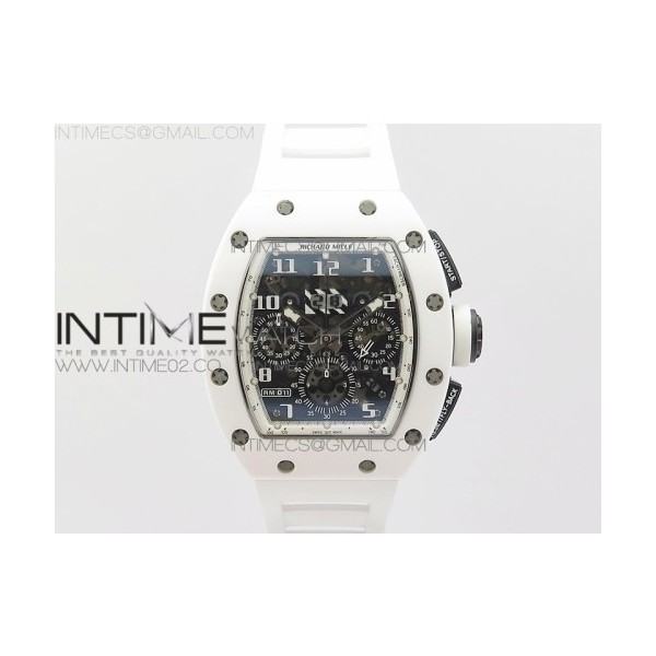 KV공장 리차드밀 RM011 한국산 화이트세라믹케이스 크로노그래프 RM011 CARBON CASE CHRONOGRAPH WHITE CERAMIC BEZEL SKELETON DIAL ON WHITE RUBBER STRAP A7750