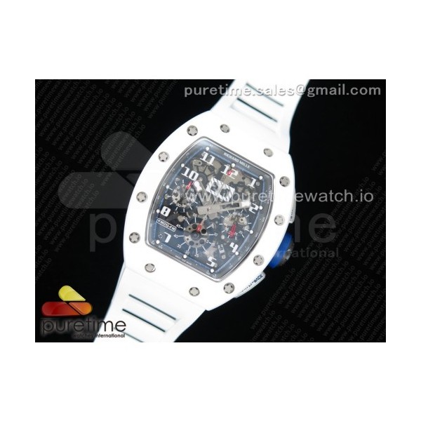 KV공장 리차드밀 RM011 화이트세라믹케이스 스켈레톤다이얼 러버스트랩 RM011 Real White Ceramic Chronograph Crystal Skeleton Dial Blue on White Rubber Strap A7750