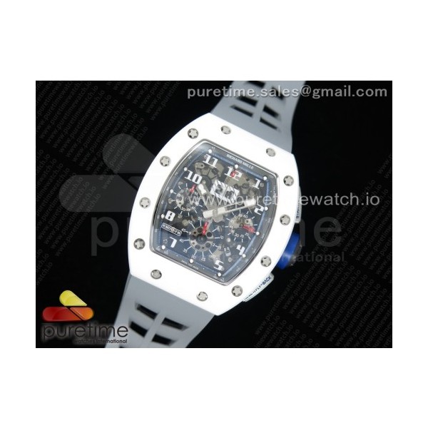 KV공장 리차드밀 RM011 화이트세라믹케이스 스켈레톤다이얼 러버스트랩 RM011 Real White Ceramic Chronograph Crystal Skeleton Dial Blue on Gray Rubber Strap A7750