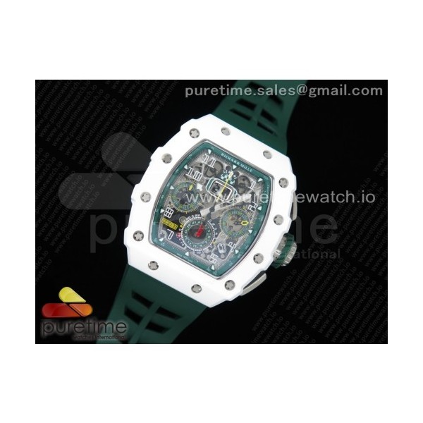 KV공장 리차드밀 RM011 화이트세라믹케이스 스켈레톤다이얼 러버스트랩 RM011 Real White Ceramic Chronograph Crystal Skeleton Dial Green on Green Rubber Strap A7750