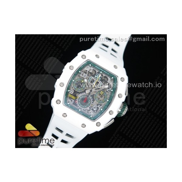 KV공장 리차드밀 RM011 화이트세라믹케이스 스켈레톤다이얼 러버스트랩 RM011 Real White Ceramic Chronograph Crystal Skeleton Dial Green on White Rubber Strap A7750