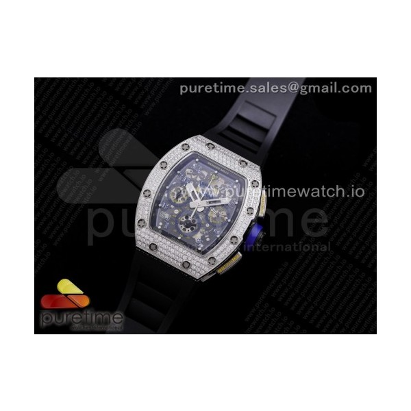 KV공장 V3 RM011 크리스탈다이얼 러버 RM011 SS Chrono KVF 1:1 Best Edition Diamonds Bezel Crystal Dial Black on Black Rubber Strap A7750 V3