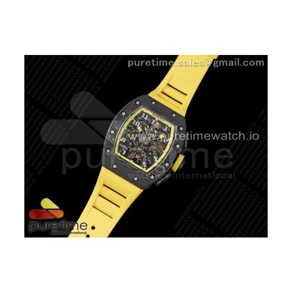 KV공장 RM011 카본 스켈레톤다이얼 러버 RM011 NTPT Carbon Chrono KVF 1:1 Best Edition Crystal Skeleton Dial Yellow Inner Bezel on Yellow Rubber Strap A7750